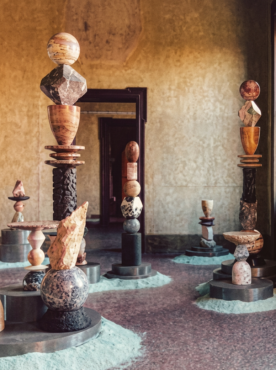 Stacked stone and wood totems in a sunlit room