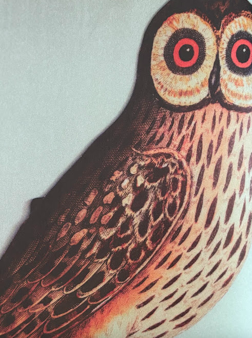 An engraved owl with wide amber eyes